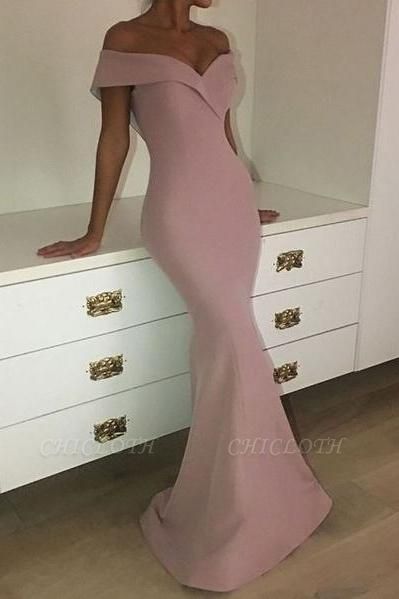 Chicloth Mermaid Off-the-Shoulder Sexy Long Plain Pink Prom Dresses