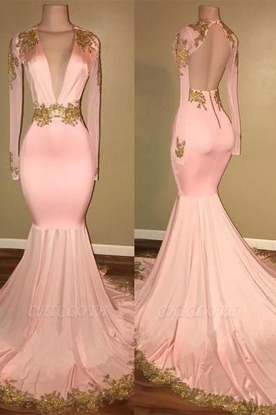 A| Chicloth Gorgeous Long Sleeve V-Neck Prom Dress 2019 Mermaid With Gold Crystal