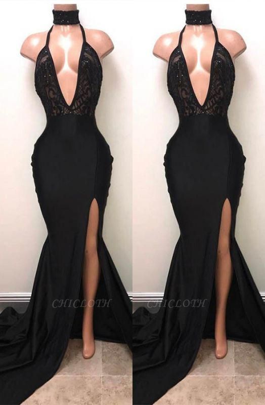 A| Chicloth Sexy Black Mermaid Prom Dress | 2019 V-Neck Evening Dress With Slit