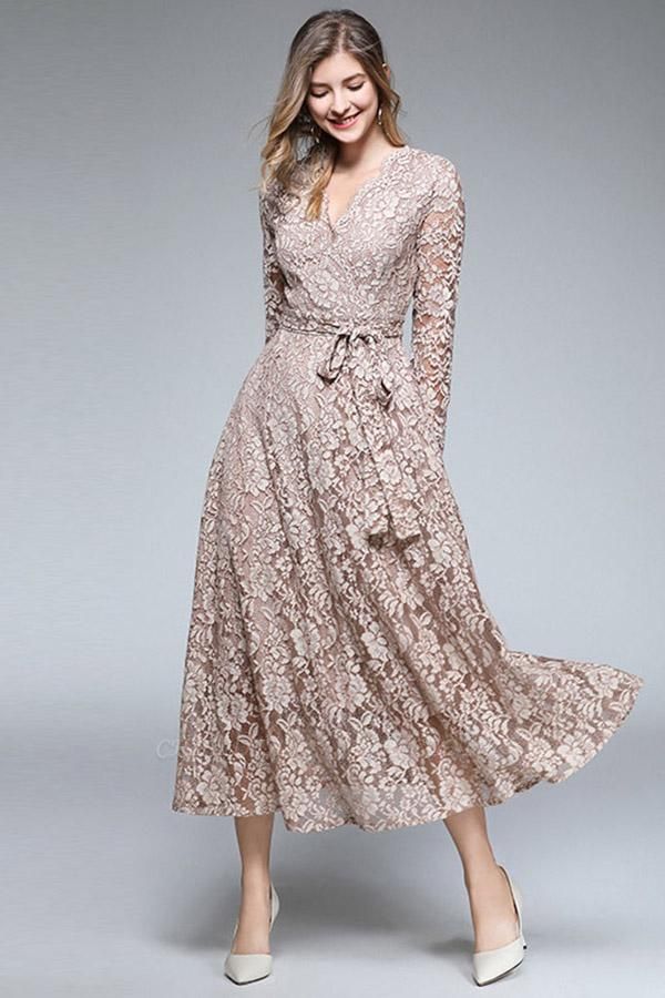 Luxury Lace Long Dress Vintage V-neck Casual Dresses