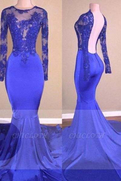 A| Chicloth Sexy Backless Royal-Blue Long-Sleeves Beaded Mermaid Prom Dresses
