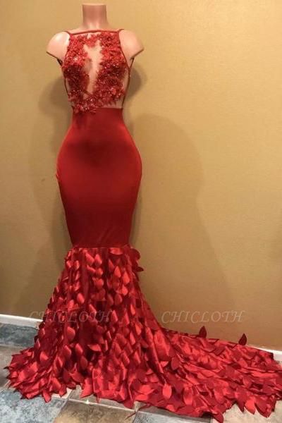 A| Chicloth Gorgeous Red Mermaid Prom Dresses | Sleeveless Appliques Long Evening Gowns