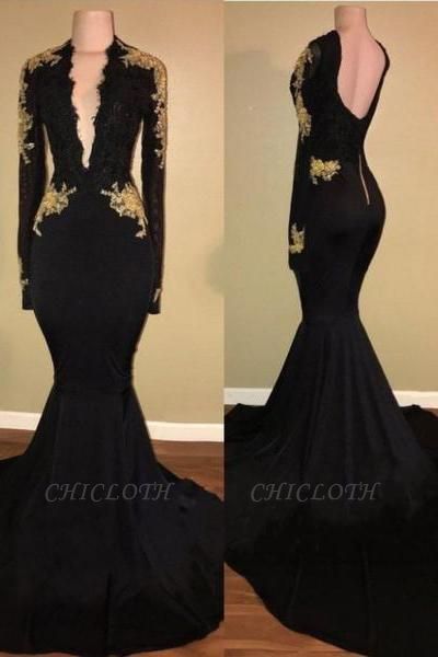 Chicloth Sexy Black and Gold Prom Dresses | Deep V-Neck Long Sleeves Evening Gowns