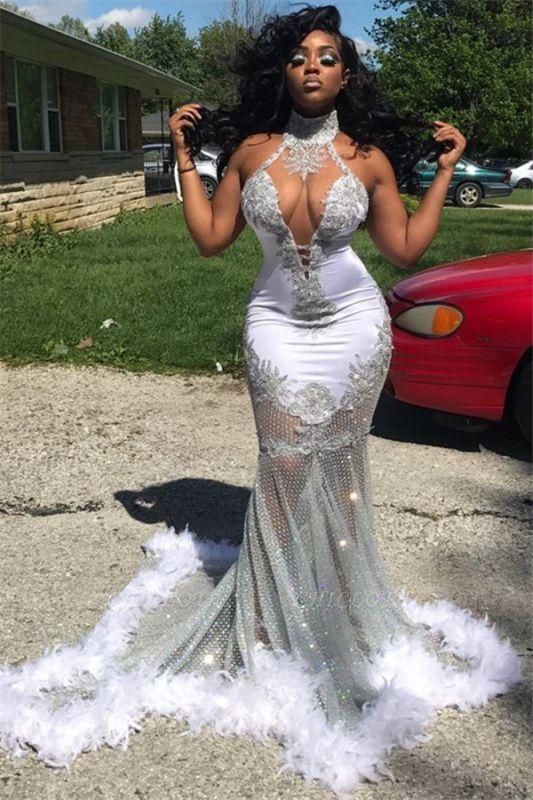 Chicloth 2019 Sexy See Through Prom Dress with Feather | Mermaid Sleeveless Appliques Graduation Dress FB0361