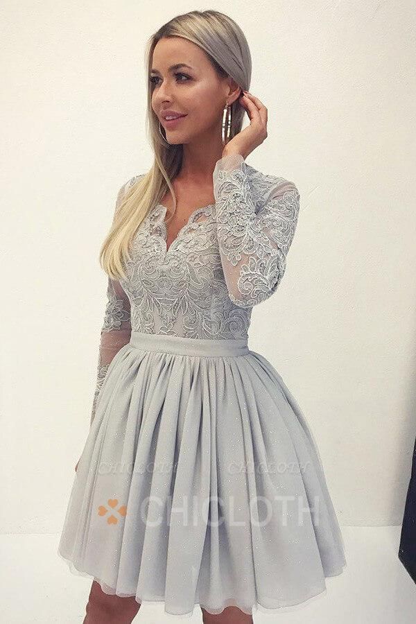 A-Line V-Neck Grey Tulle Short Homecoming Dress with Appliques Sleeves