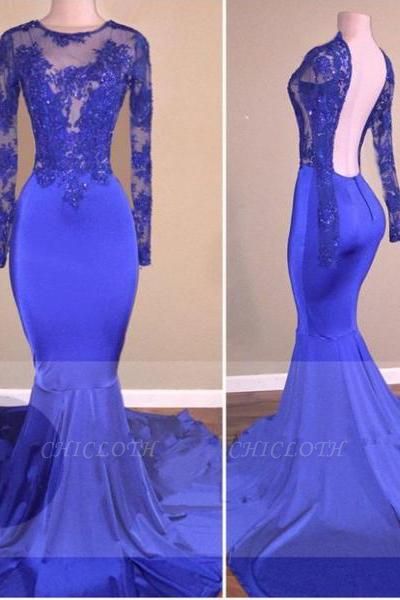 Chicloth Royal-Blue Long-Sleeves Open-Back Mermaid Shiny Sheer Prom Dresses