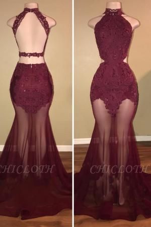 A| Chicloth SALLIE | Mermaid High-Neck Burgundy Sheer-Tulle Lace Appliques Prom Dresses