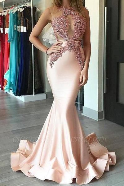 Chicloth Gorgeous Sleeveless Pink Appliques Mermaid Evening Dress PT003