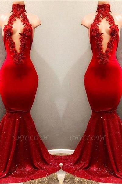 Chicloth Shiny Red Mermaid Prom Dresses High Keyhole Neckline Evening Gowns