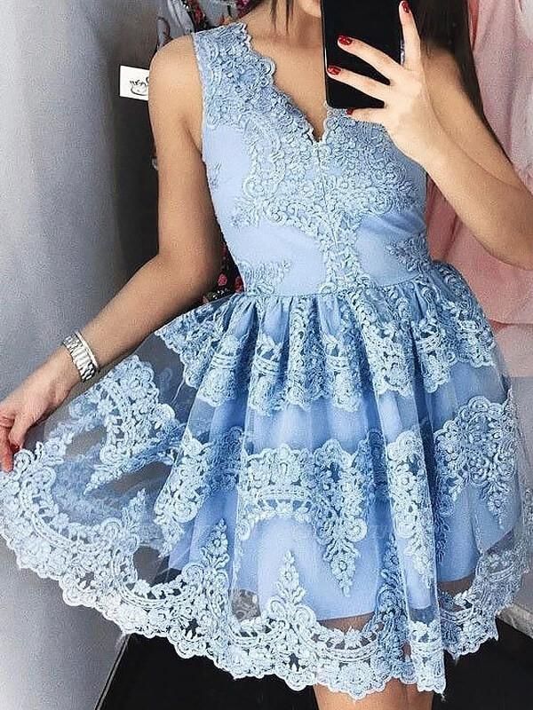 Chicloth A-Line Lace V-neck Sleeveless Short/Mini With Ruffles Dresses