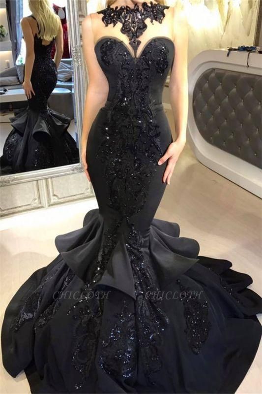 A| Chicloth Black Mermaid Beads Prom Dresses | Appliques 2019 Sexy Evening Dresses Cheap FB0267