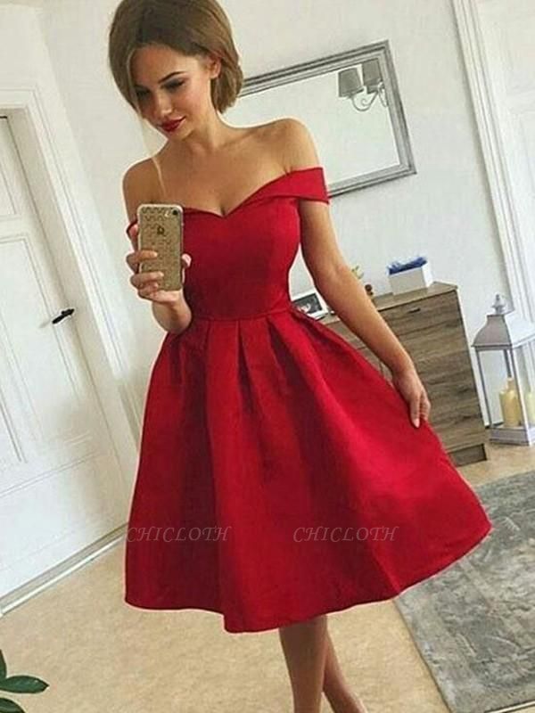 Chicloth A-Line Satin Off-the-Shoulder Sleeveless With Ruched Knee-length Dresses