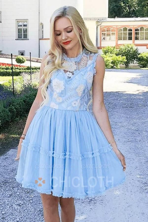 A-Line Jewel Short Blue Tulle Homecoming Party Dress with Lace