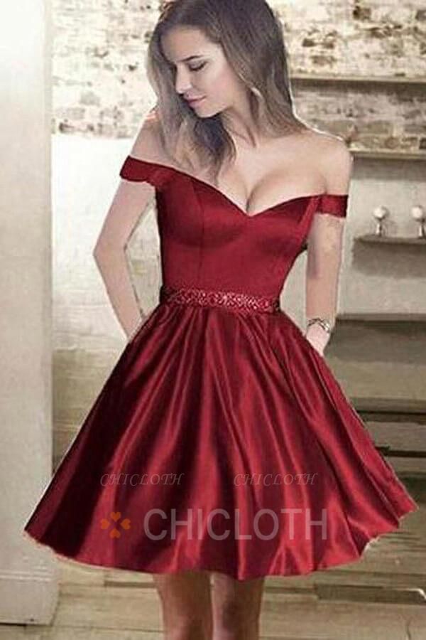 A-Line Off-the-Shoulder Dark Red Satin Homecoming Dress with Appliques Beading