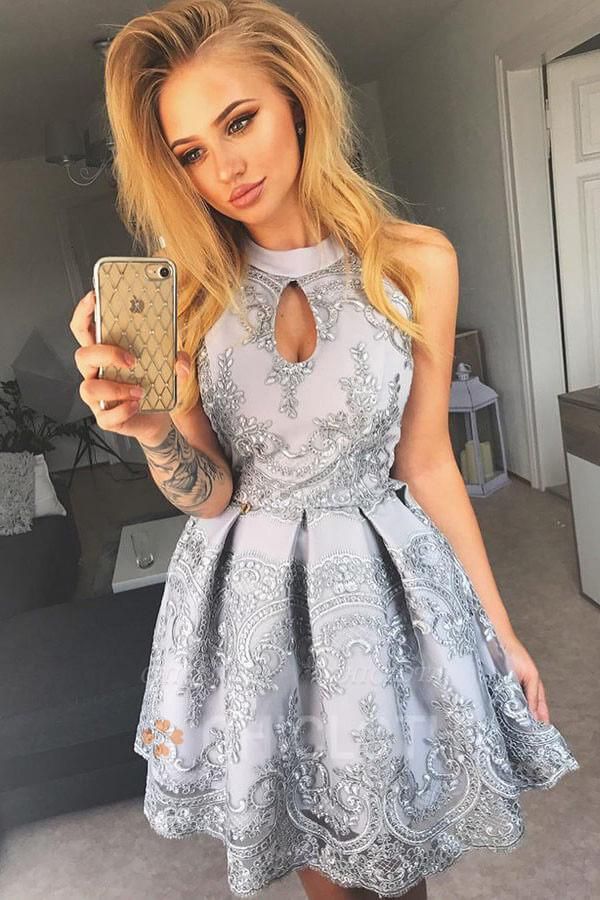 A-Line Jewel Grey Cut Out Lace Satin Short Homecoming Party Dress