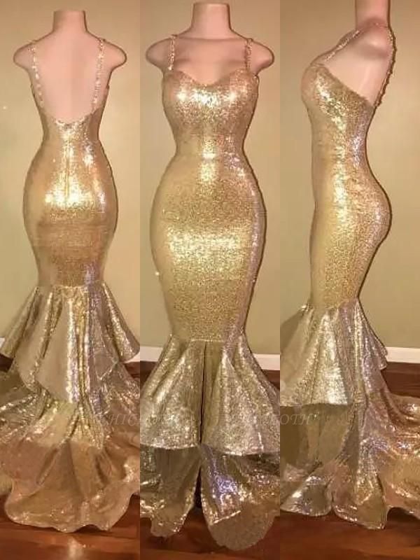 Chicloth Mermaid Spaghetti Straps Sweep/Brush Train Sleeveless Sequins With Ruffles Dresses