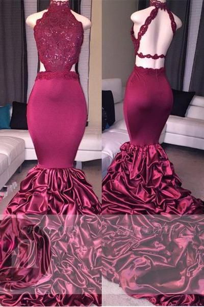 A| Chicloth Newest Mermaid High-Neck Open-Back Lace Beadings Prom Dress