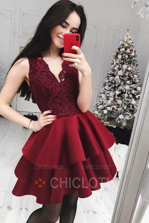 A-Line V-Neck Tiered Dark Red Homecoming Dress with Lace