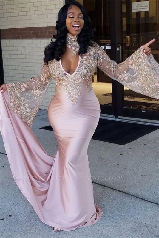 Chicloth Sexy Pink V-Neck Mermaid Prom Dresses 2019 Long Sleeves Appliques Evening Dresses with Choker SK0087