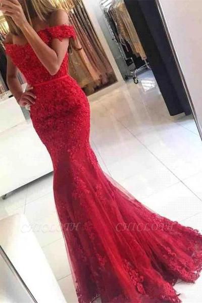 Chicloth Glamorous Off-the-shoulder Lace Appliques Red Mermaid Evening Dress