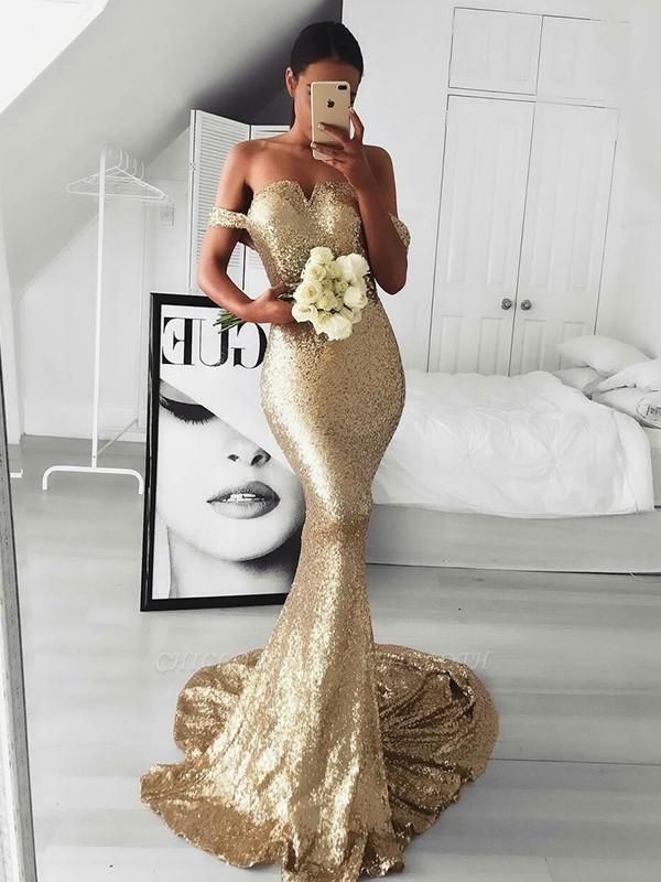 Chicloth Mermaid Sleeveless Off-The-Shoulder Sweep/Brush Train With Ruffles Sequins Dresses
