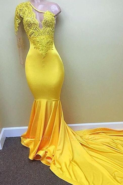 Chicloth Yellow one shoulder mermaid prom dress, lace evening dresses 2019