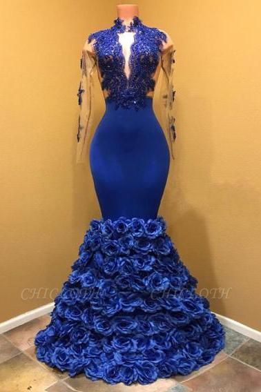A| Chicloth Gorgeous Royal Blue Prom Dresses | Long Sleeves Evening Gowns with Rose Flowers