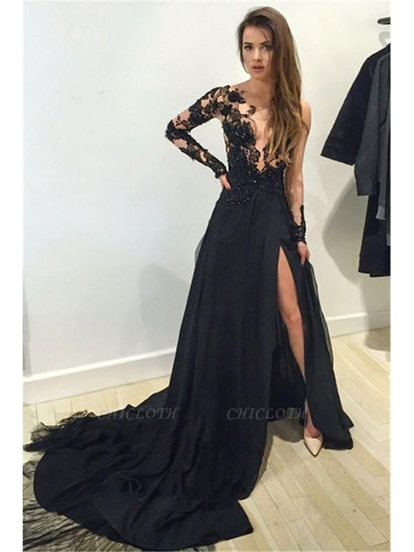 Chicloth A-Line Chiffon Bateau Long Sleeves Court Train With Lace Dresses