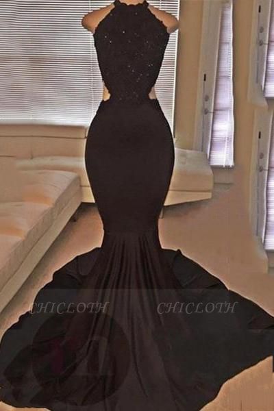 Chicloth Backless Mermaid Lace Sleeveless Black Long Prom Dresses ly149