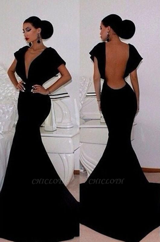 Chicloth Black Velvet Prom Dresses Short Sleeve Deep V-Neck Elegant Mermaid Evening Gowns 2019