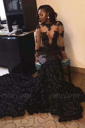 Chicloth Sexy Black Long-Sleeves Appliques Mermaid Prom Dress