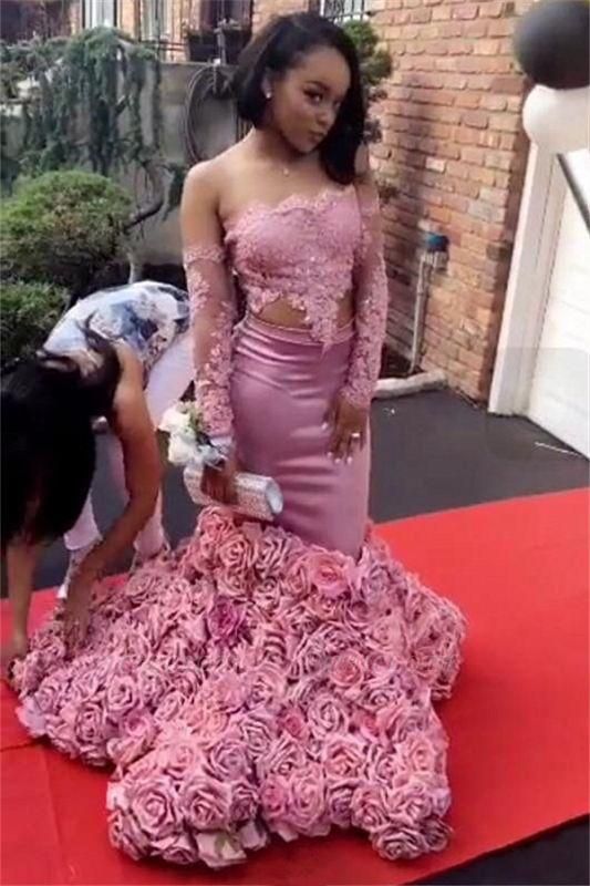 Chicloth Long Sleeve Pink Lace Prom Dresses 2019 | Roses Bottom Off The Shoulder Mermaid Evening Dress Sexy FB0315