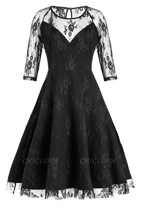 A| Chicloth Black Half Sleeves Hollow Women Lace Dress