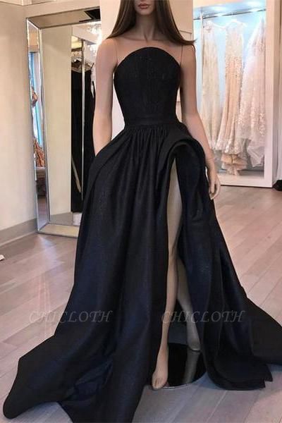 Chicloth Sexy Black Slit Sleeveless Designer Evening Dress
