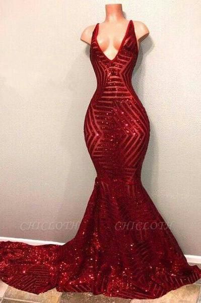 Chicloth Red Sequins Shiny V-Neck Mermaid Long Prom Dresses