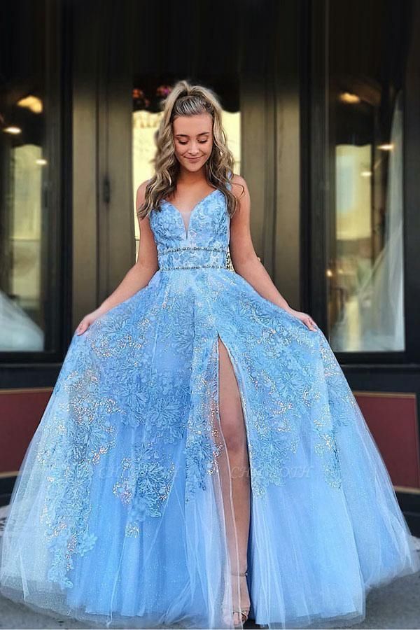 B| Chicloth Light Blue Floor Length Sleeveless Lace Prom Dresses