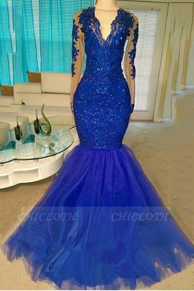 A| Chicloth Royal-Blue Long-Sleeve Beading Sequins V-neck Appliques Mermaid Tulle Prom Dresses