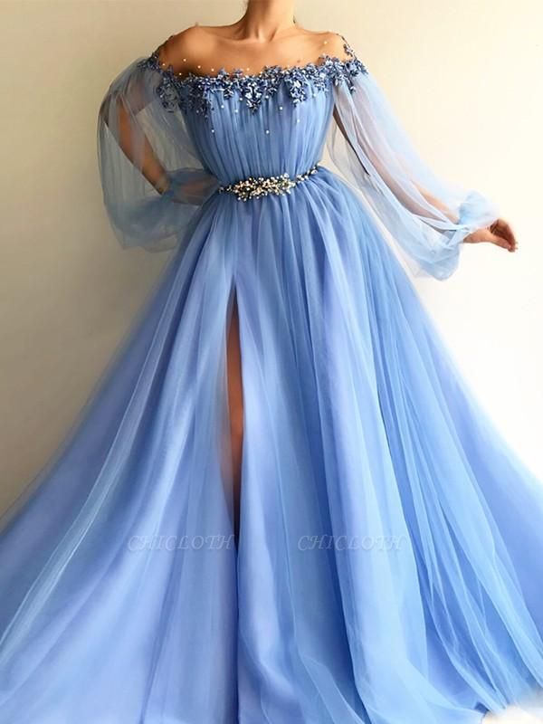 Chicloth A-Line Long Sleeves Off-The-Shoulder Tulle With Beading Floor-Length Dresses