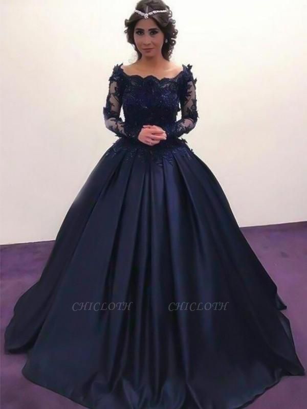 Chicloth Ball Gown Bateau Long Sleeves Sweep/Brush Train With Applique Satin Dresses