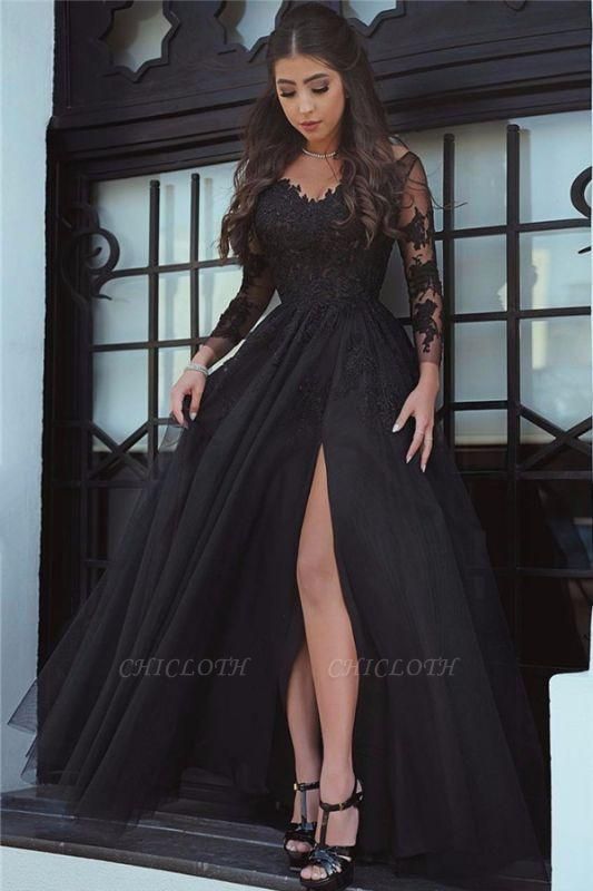 Chicloth Glamorous Black Long-Sleeve Lace Slit Evening Dress