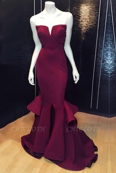 Chicloth Popular Burgundy Mermaid Long Evening Dress Sexy Simple Cheap Notched Slit Prom Gown CJ0397