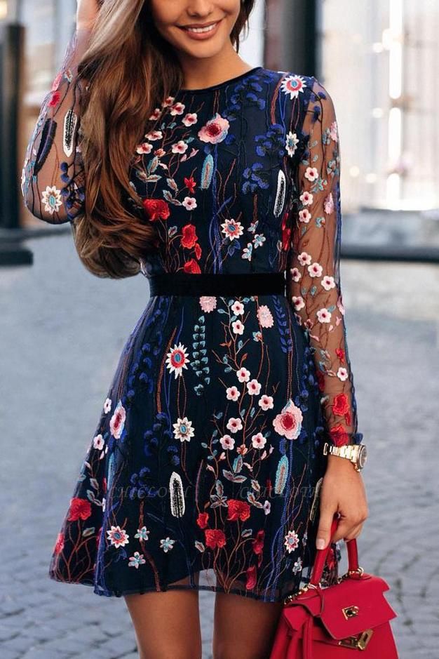 B| Chicloth Floral Embroidery Sheer Mesh Summer Bohemian Mini Dress
