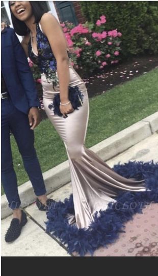 Chic Mermaid V-Neck Straps Feathers Long Prom Dress