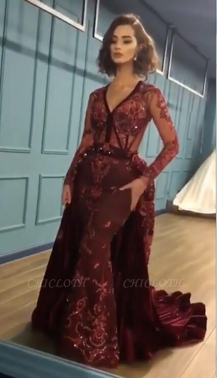 Sparkly Beading Burgundy Appliques Long Sleeves Prom Dress