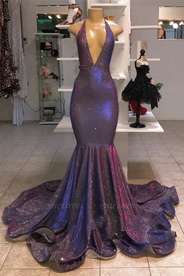 Deep V-Neck Halter Memaiad Sequins Sleeveless Prom Dress BC1320