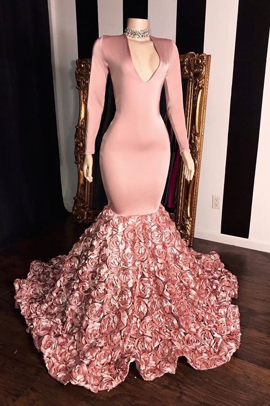 Designer Pink V Neck Long SLeeve Prom Dresses With Flowers