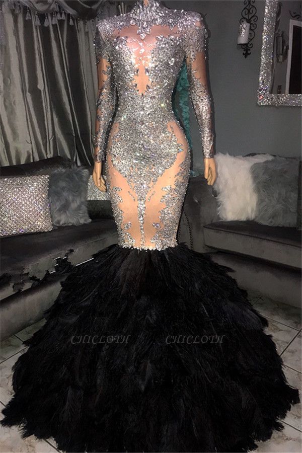 Mermaid Sliver Seuqins High Neck Long Sleeves Fur Prom Dress