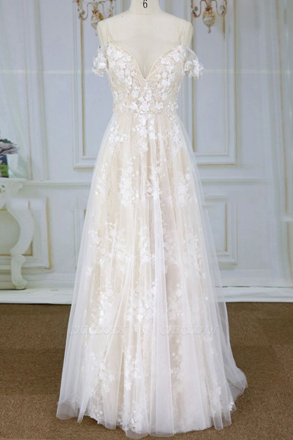Chicloth Spaghetti Strap Lace Tulle A-line Wedding Dress