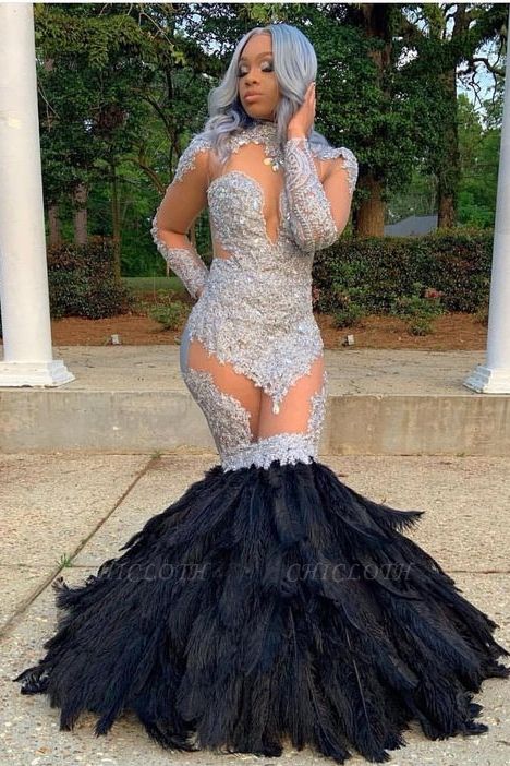 Sexy Black High Neck Long Sleeves Prom Dresses With Lace