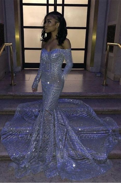 Mermaid Sweetheart Strapless Sequins Long Prom Dresses with Sleeves
